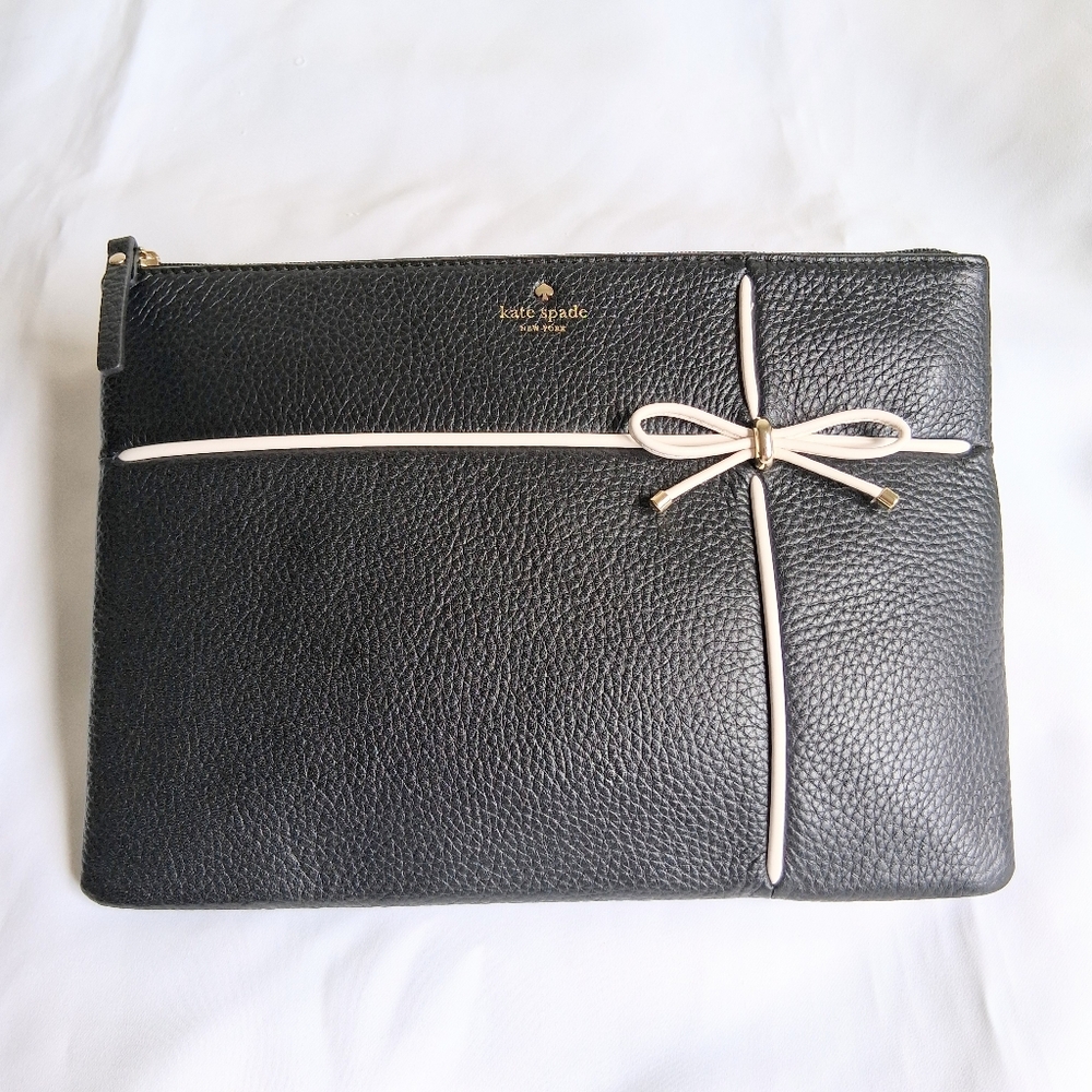 Kate Spade Black Leather Clutch with Bow Accent